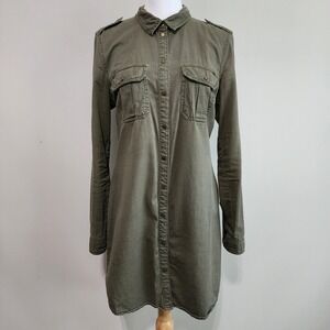 Only Military Shirt Dress Womens Medium Khaki Epaulettes Snap Buttons Army Green